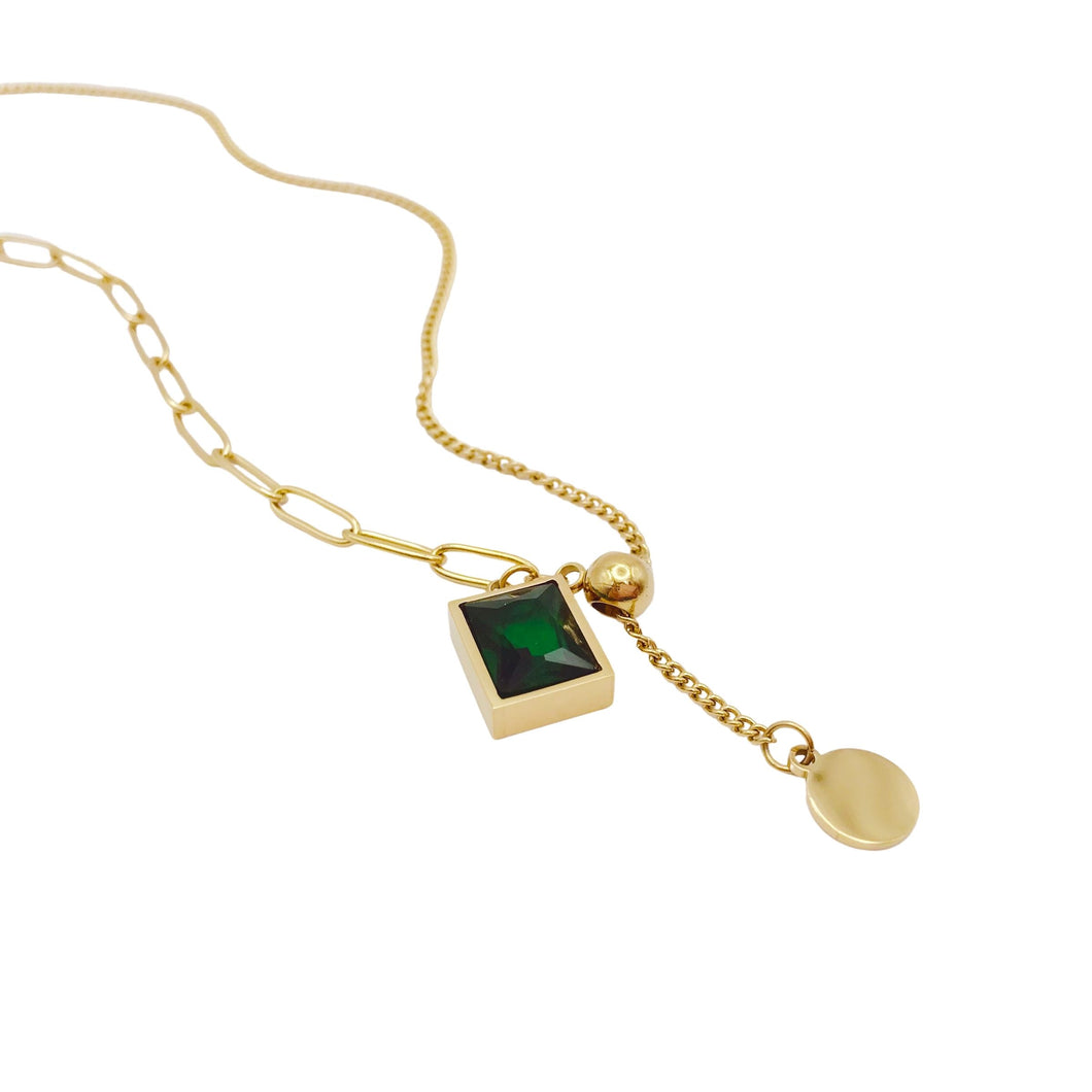 Collar Lariat Cristal Moneda Esmeralda